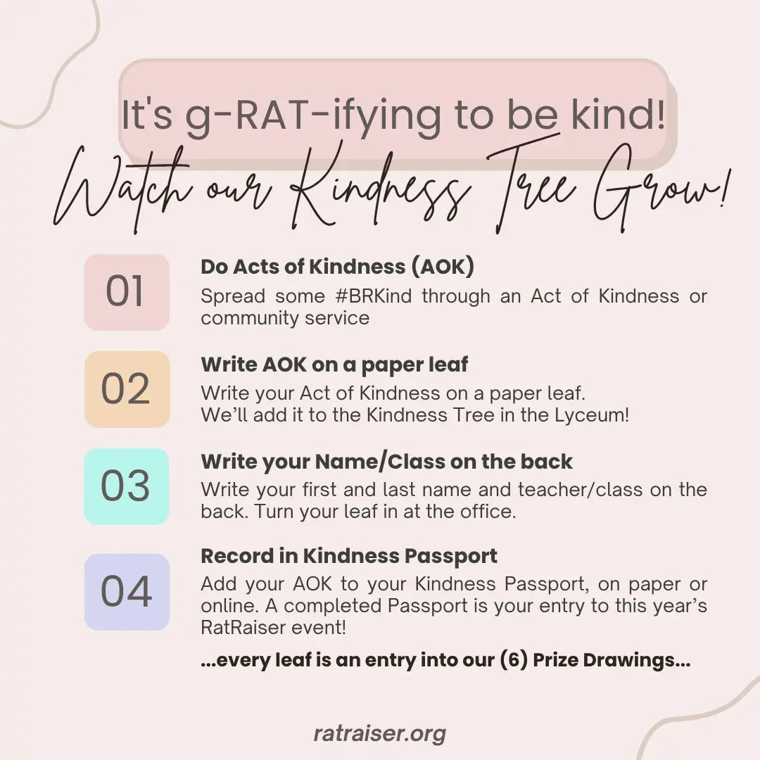 How to Add an Act of Kindness to the Kindness Tree Instructions for the BRKind Kindness Tree: Complete an Act of Kindness or community service, write it on a paper leaf, add your name and class on the back, and turn it in at the office. Record the act in your Kindness Passport. Each leaf is one entry into the six prize drawings.