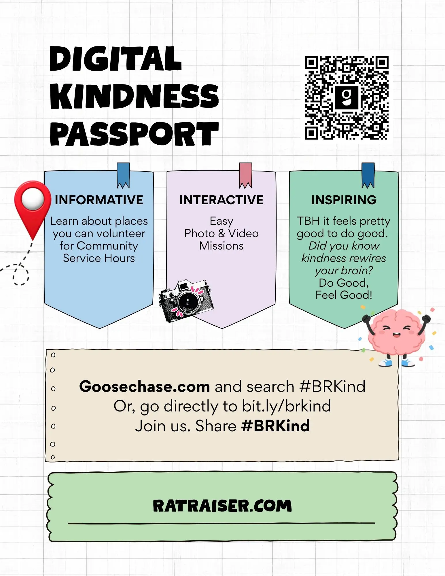 Digital Kindness Passport Infographic (2) Digital Kindness Passport infographic. Learn about community service opportunities, complete photo and video kindness missions, and share #BRKind. Visit GooseChase.com and search #BRKind, or go to bit.ly/brkind.